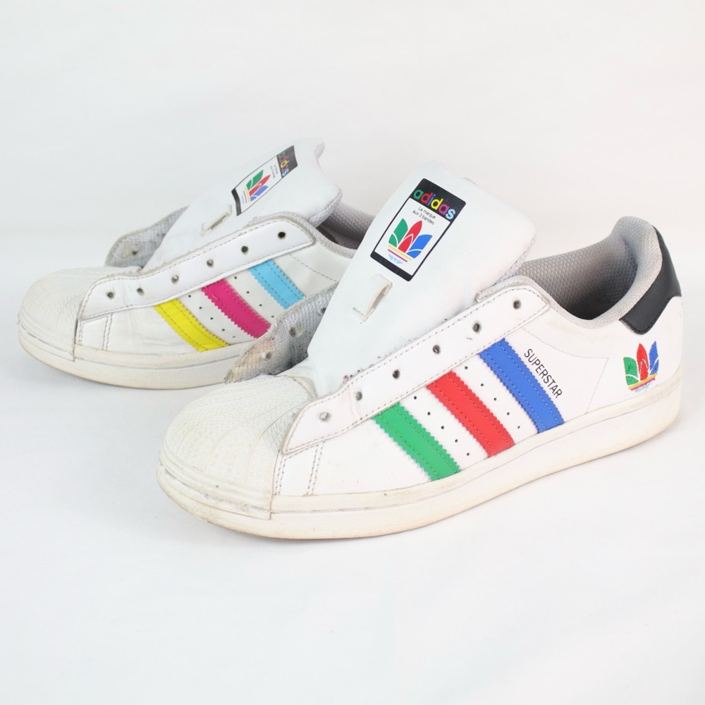 Adidas‎ White with Multicolored Stripes Superstar Shell Toe Sneakers Kids Size 6